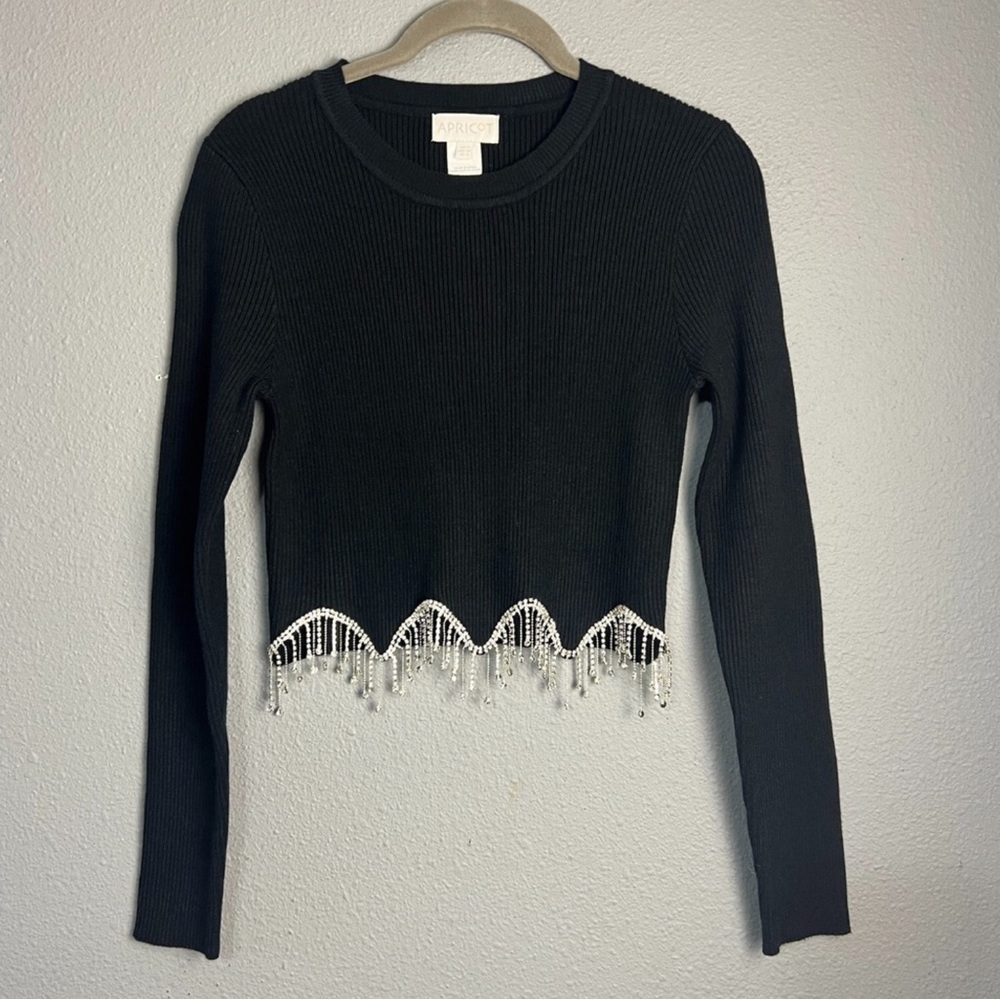 Apricot Black Ribbed Long-Sleeve Crop Top with Rhinestones Fringe Hem